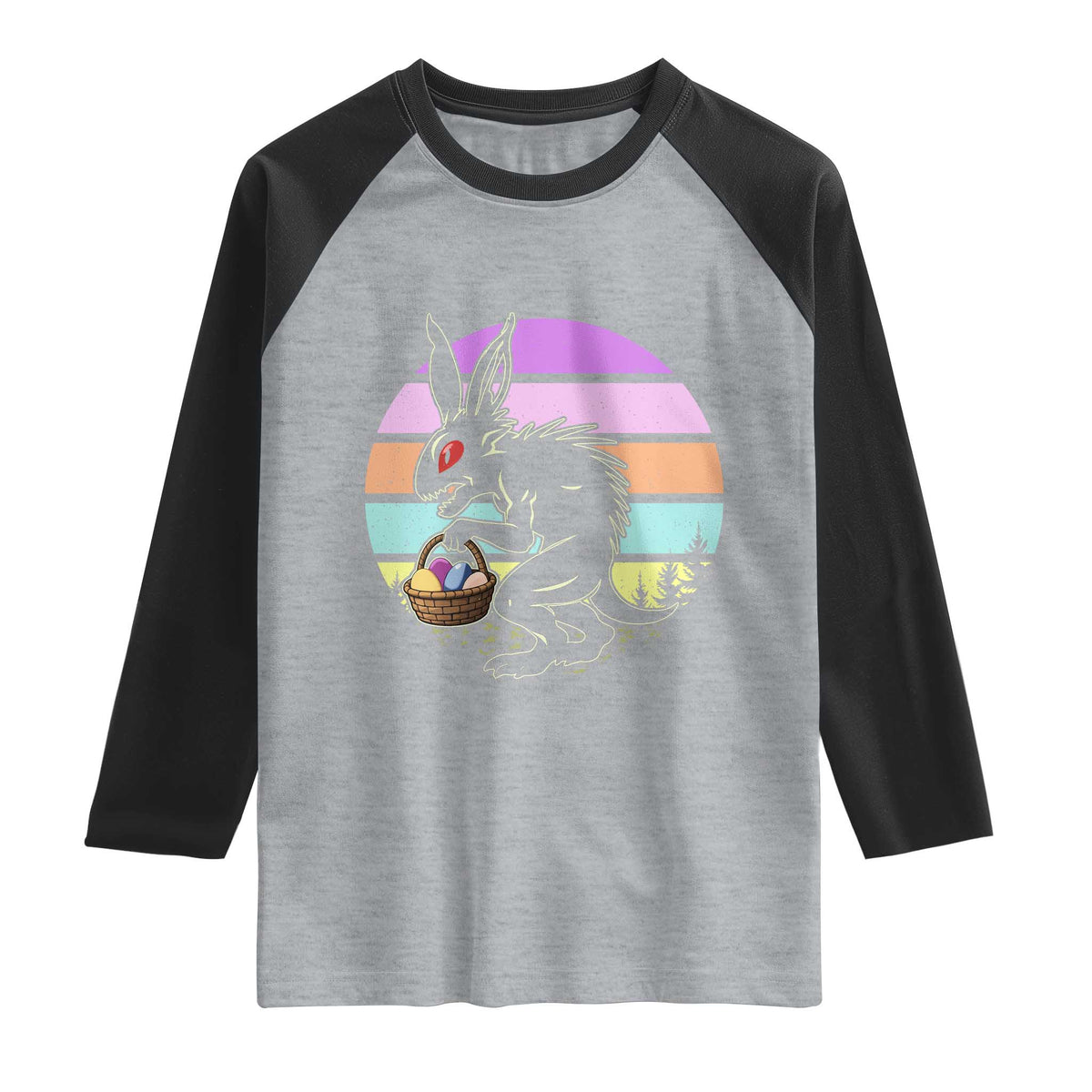 Retro Sunset Chupacabra Easter Egg Hunt Raglan Shirt Cryptid Lover Gift TS12 Heather Gray Black Print Your Wear