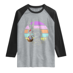 Retro Sunset Chupacabra Easter Egg Hunt Raglan Shirt Cryptid Lover Gift TS12 Heather Gray Black Print Your Wear