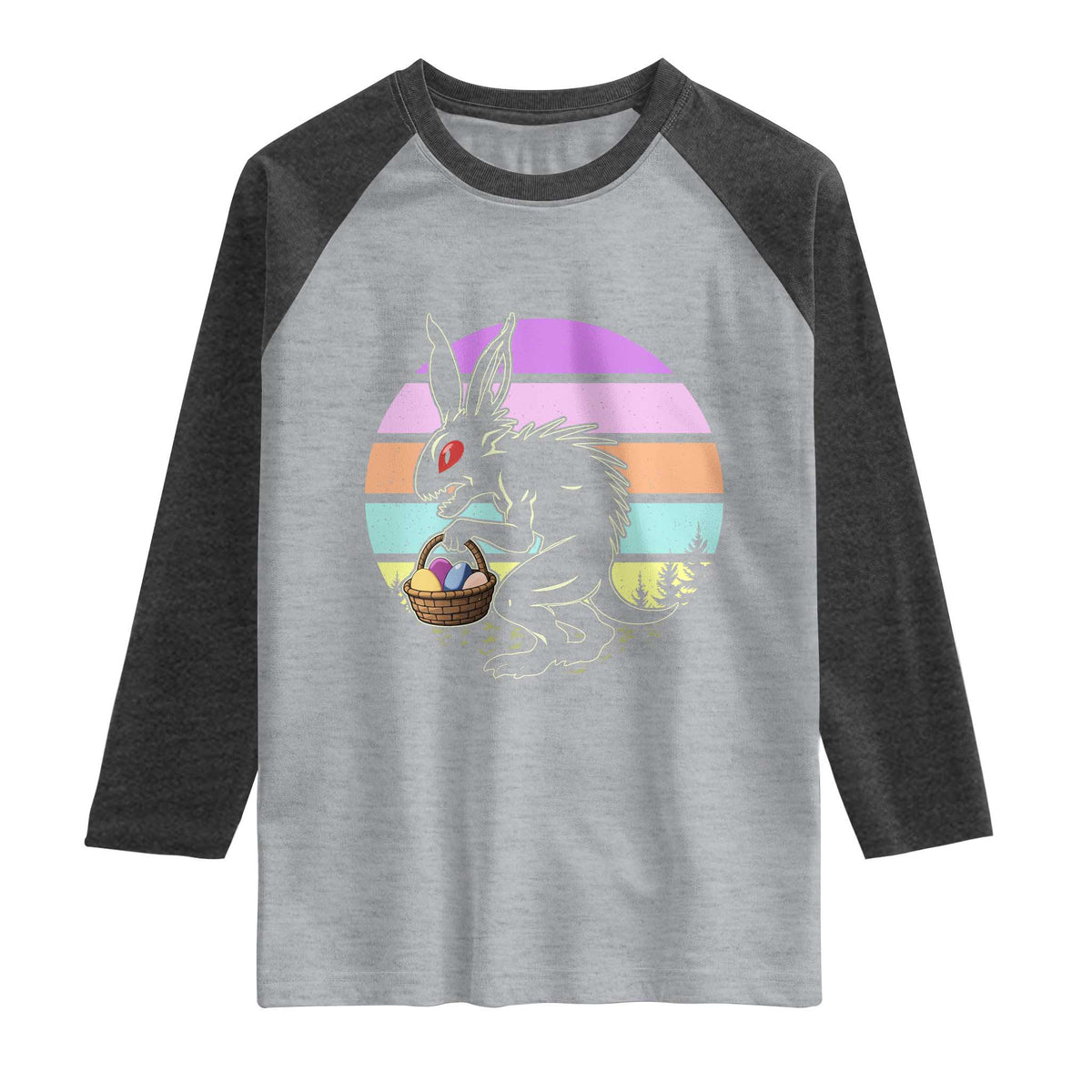 Retro Sunset Chupacabra Easter Egg Hunt Raglan Shirt Cryptid Lover Gift TS12 Heather Gray Heather Charcoal Print Your Wear