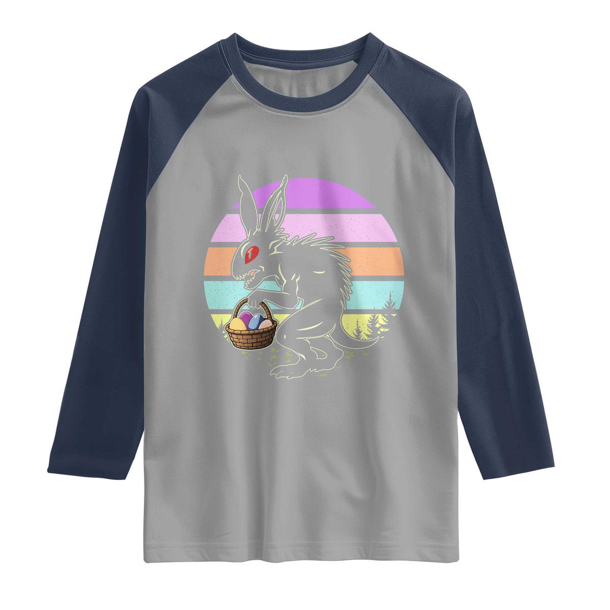 Retro Sunset Chupacabra Easter Egg Hunt Raglan Shirt Cryptid Lover Gift TS12 Sport Gray Navy Print Your Wear