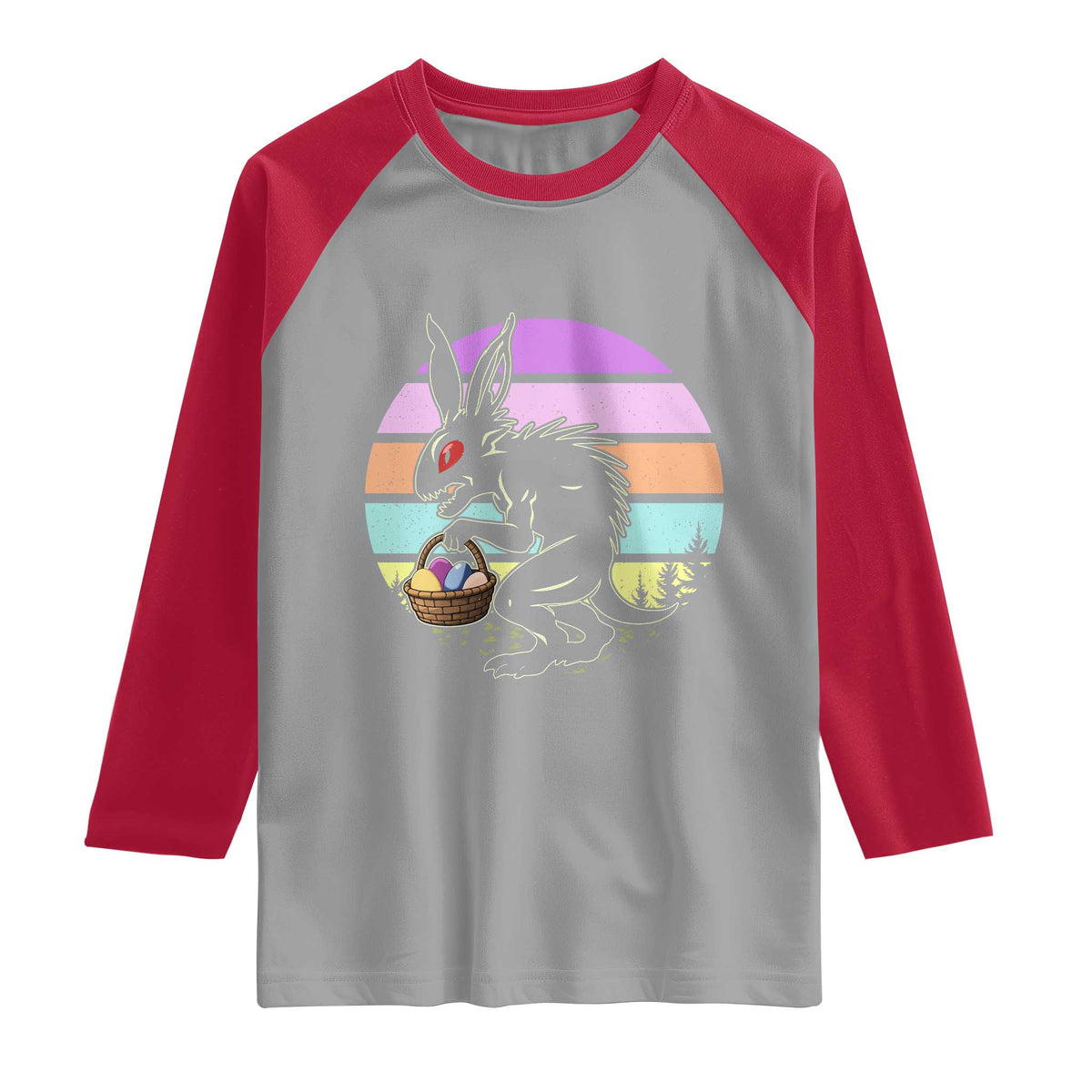 Retro Sunset Chupacabra Easter Egg Hunt Raglan Shirt Cryptid Lover Gift TS12 Sport Gray Red Print Your Wear
