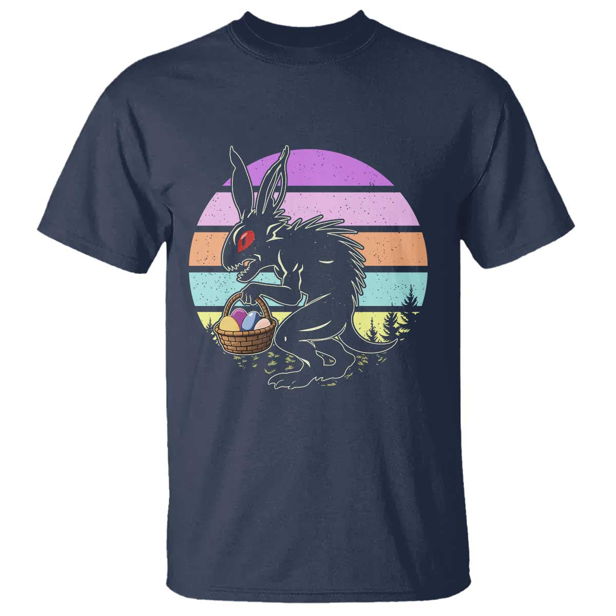 Retro Sunset Chupacabra Easter Egg Hunt T Shirt Cryptid Lover Gift TS12 Navy Print Your Wear
