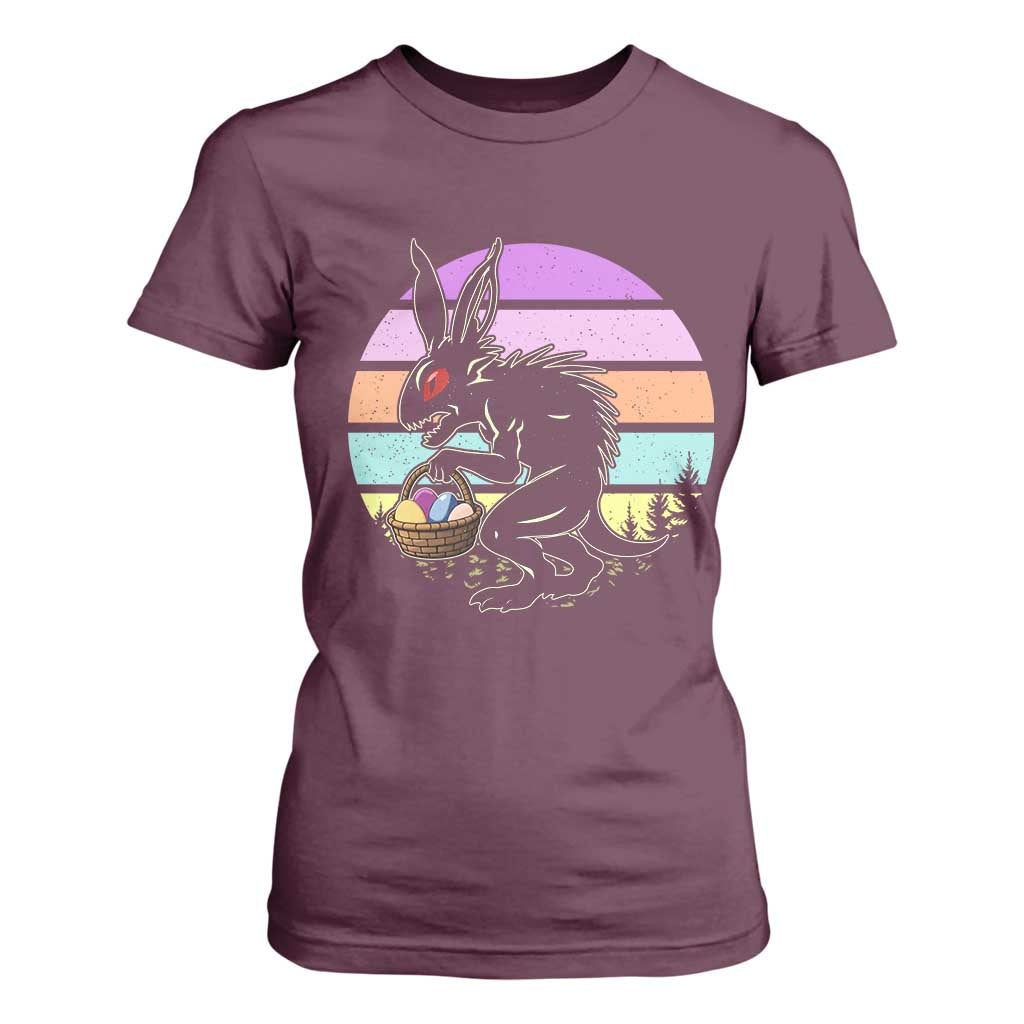 Retro Sunset Chupacabra Easter Egg Hunt T Shirt For Women Cryptid Lover Gift TS12 Maroon Print Your Wear