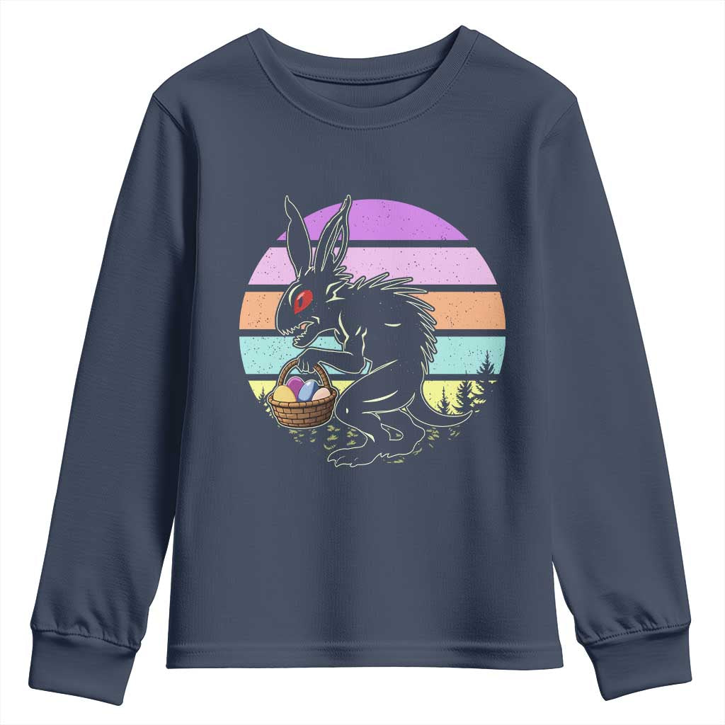 Retro Sunset Chupacabra Easter Egg Hunt Youth Sweatshirt Cryptid Lover Gift TS12 Navy Print Your Wear