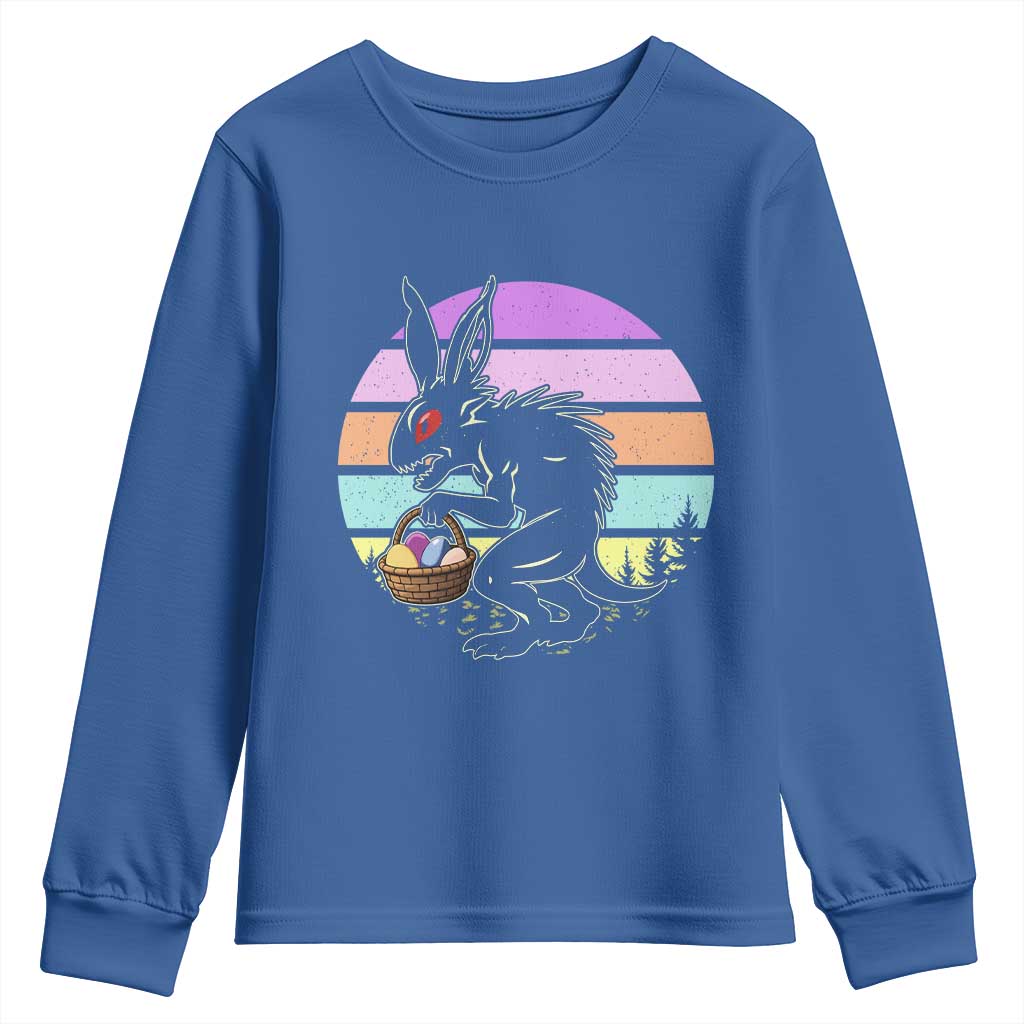 Retro Sunset Chupacabra Easter Egg Hunt Youth Sweatshirt Cryptid Lover Gift TS12 Royal Blue Print Your Wear