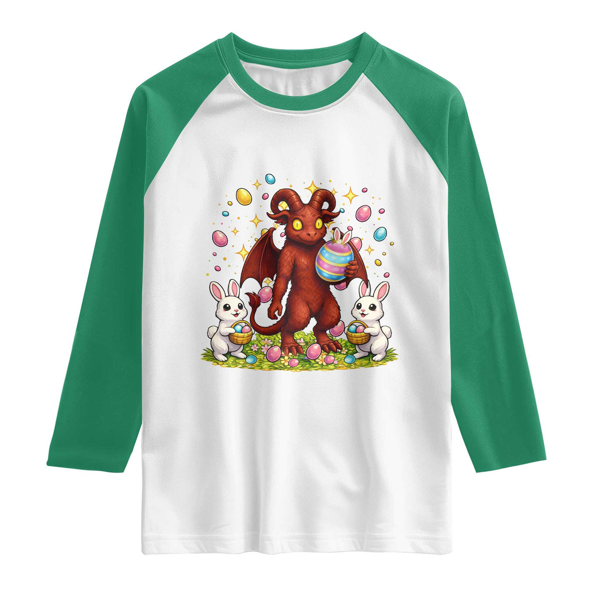 Jersey Devil Easter Egg Hunt Raglan Shirt Funny Pine Barrens Folklore Gift TS12 White Kelly Green Print Your Wear