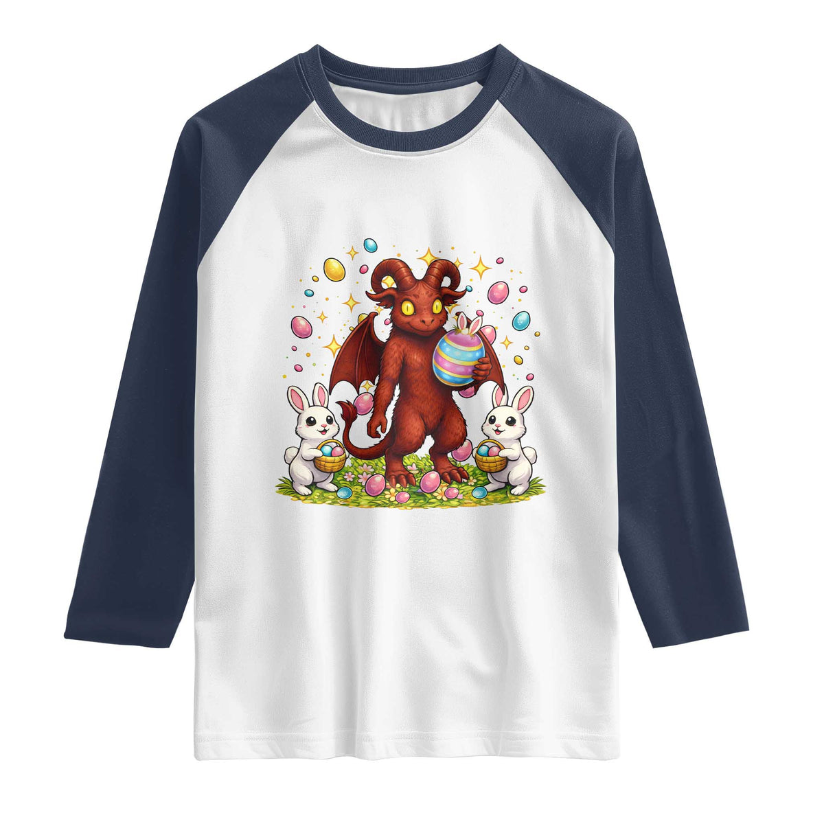 Jersey Devil Easter Egg Hunt Raglan Shirt Funny Pine Barrens Folklore Gift TS12 White Navy Print Your Wear