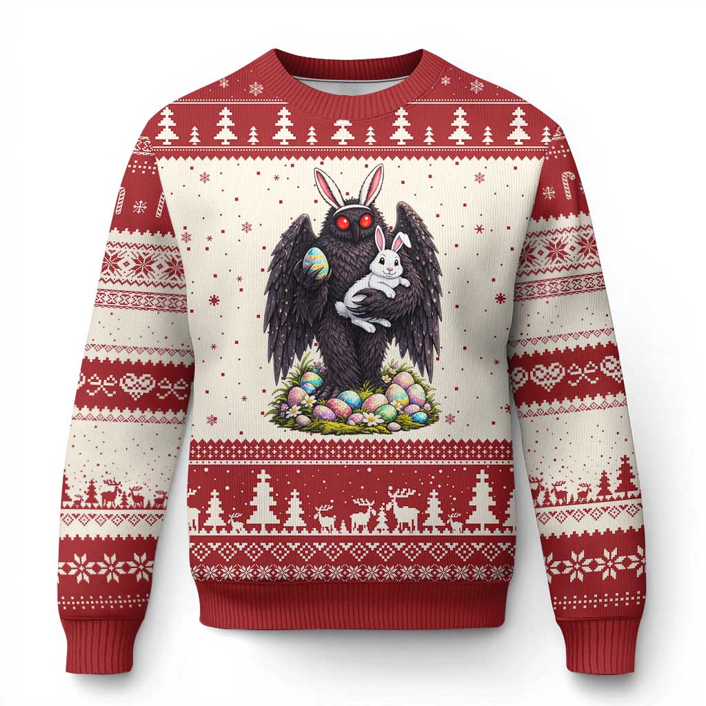 Funny Mothman Bunny Ears Ugly Christmas Sweater Point Pleasant Cryptid Lover Gift TS12 Beige Red Print Your Wear
