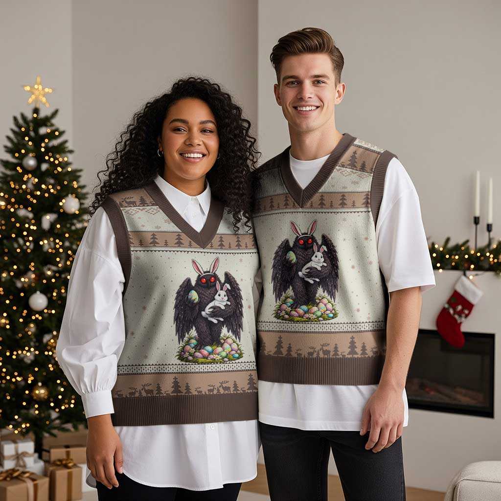 Funny Mothman Bunny Ears V-Neck Knit Sweater Vest Point Pleasant Cryptid Lover Gift TS12 Mocha Mousse Print Your Wear