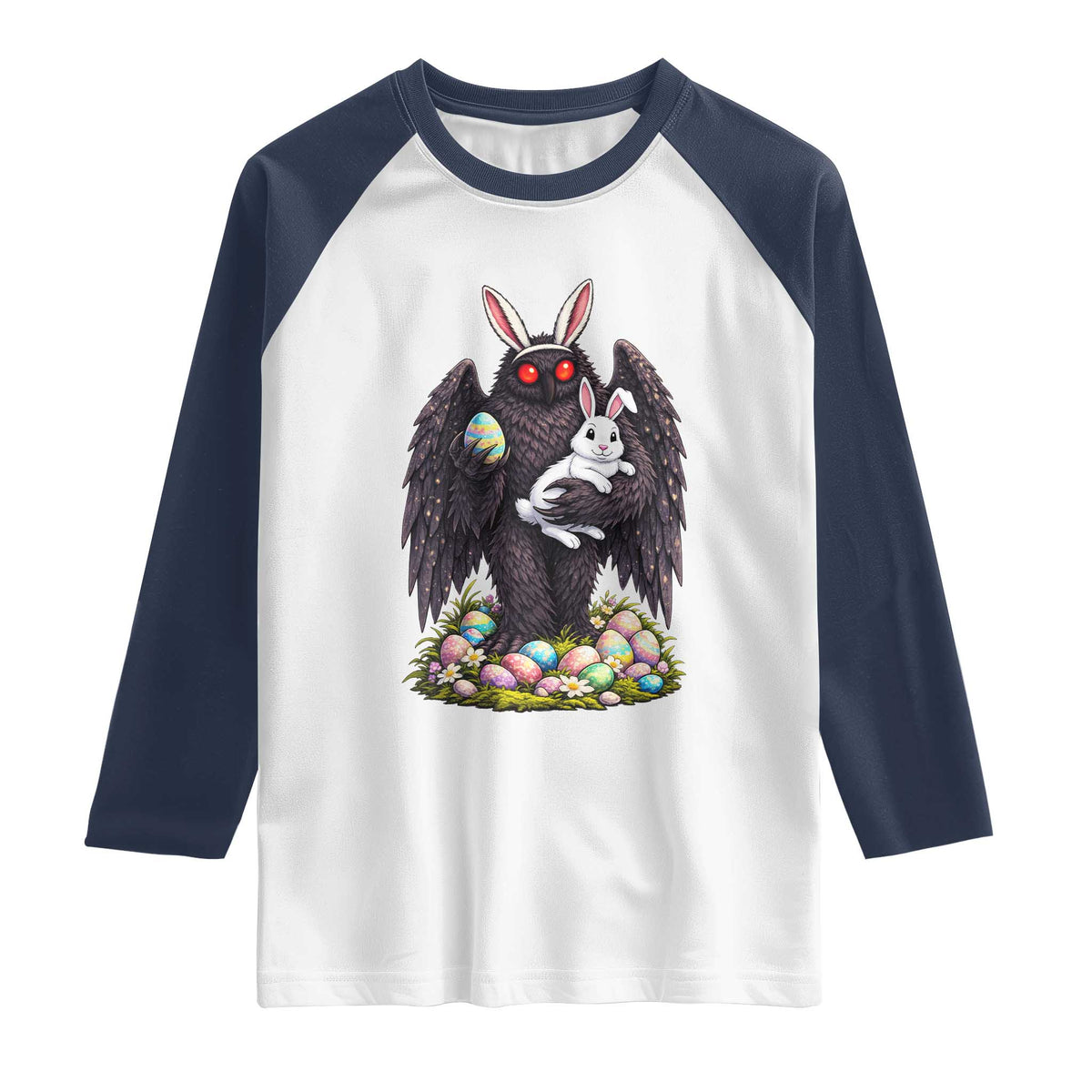 Funny Mothman Bunny Ears Raglan Shirt Point Pleasant Cryptid Lover Gift TS12 White Navy Print Your Wear