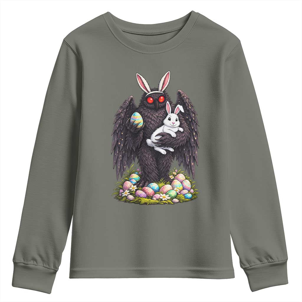 Funny Mothman Bunny Ears Youth Sweatshirt Point Pleasant Cryptid Lover Gift TS12 Military Green Print Your Wear