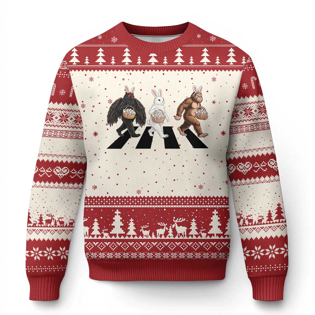 Funny Easter Bunny Bigfoot Mothman Ugly Christmas Sweater Cryptid Lover Gift TS12 Beige Red Print Your Wear