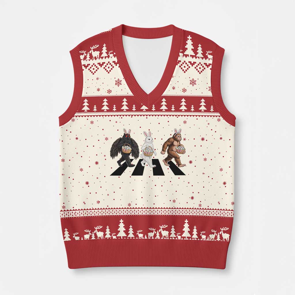 Funny Easter Bunny Bigfoot Mothman V-Neck Knit Sweater Vest Cryptid Lover Gift TS12 Beige Red Print Your Wear