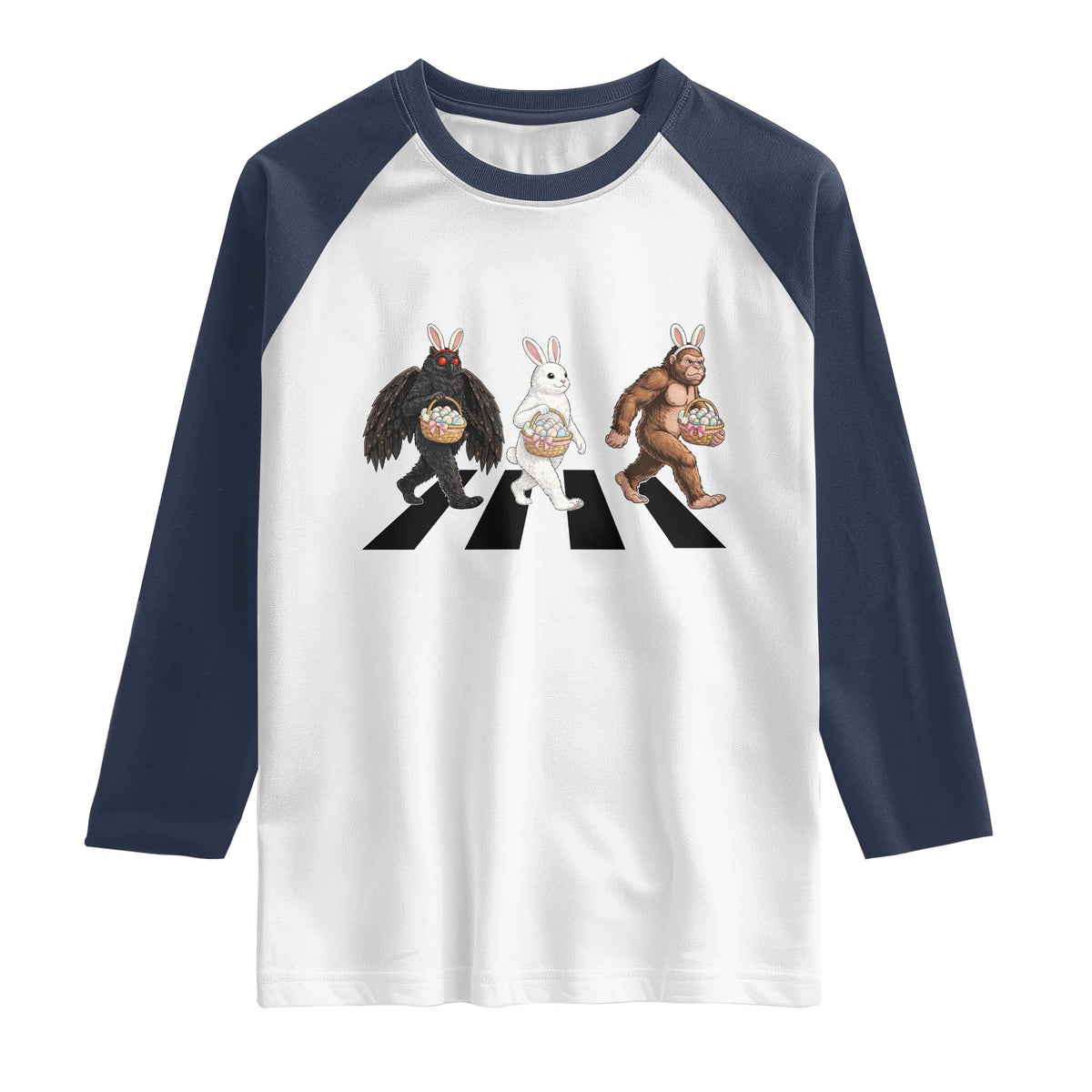 Funny Easter Bunny Bigfoot Mothman Raglan Shirt Cryptid Lover Gift TS12 White Navy Print Your Wear