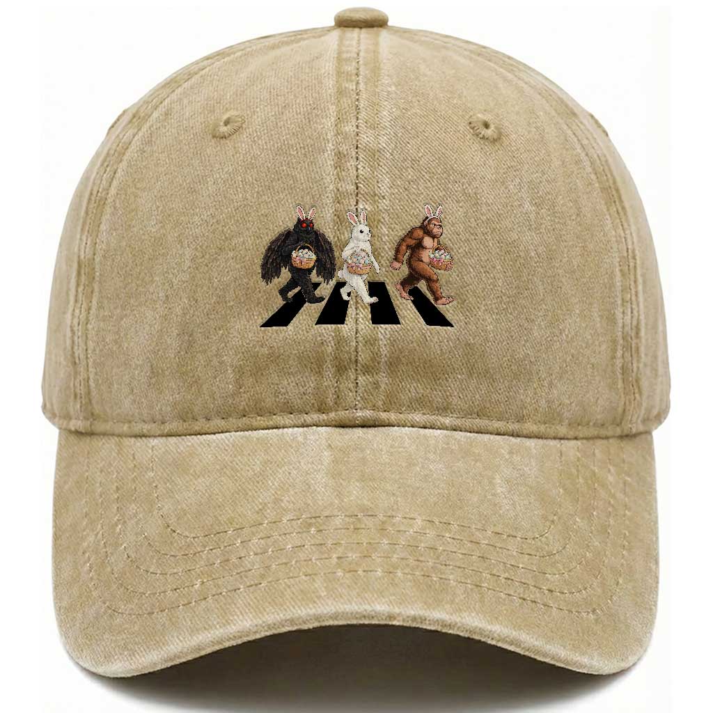 Funny Easter Bunny Bigfoot Mothman Washed Cotton Baseball Cap Cryptid Lover Gift TS12 Washed Cap Universal Fit Khaki Print Your Wear
