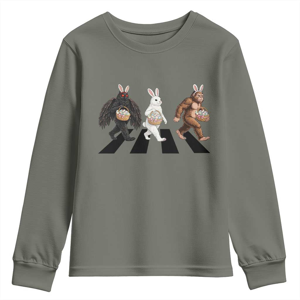 Funny Easter Bunny Bigfoot Mothman Youth Sweatshirt Cryptid Lover Gift TS12 Military Green Print Your Wear