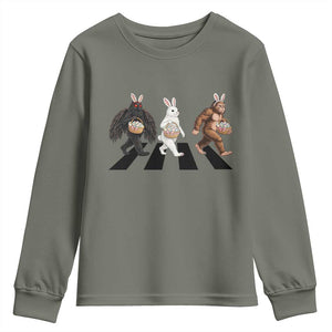 Funny Easter Bunny Bigfoot Mothman Youth Sweatshirt Cryptid Lover Gift TS12 Military Green Print Your Wear