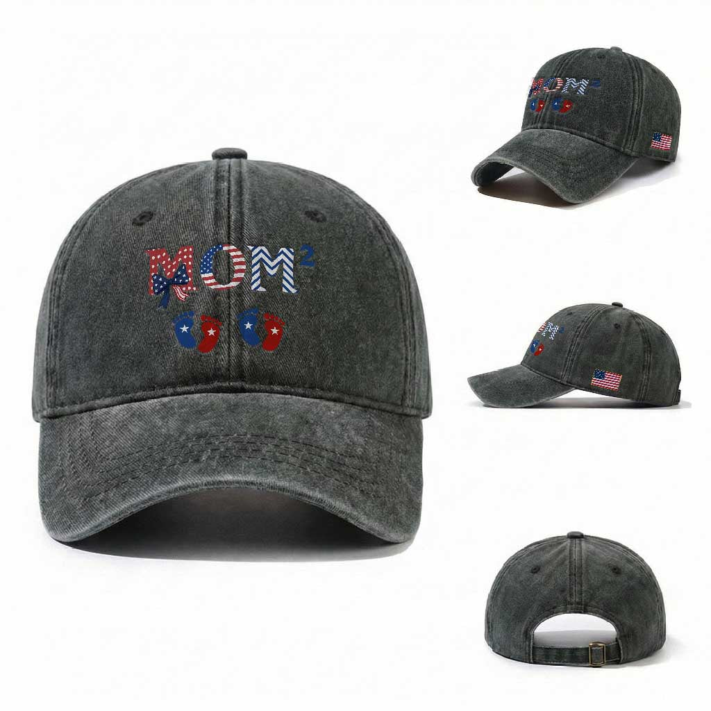 Patriotic Twin Mom Announcement American Flag Gift Washed Cotton Baseball Cap TS12 Washed Cap Universal Fit Dark Green Print Your Wear