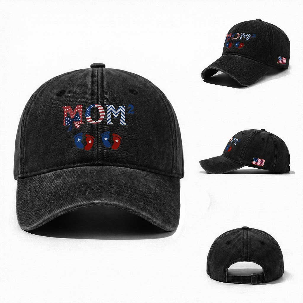Patriotic Twin Mom Announcement American Flag Gift Washed Cotton Baseball Cap TS12 Washed Cap Universal Fit Black Print Your Wear