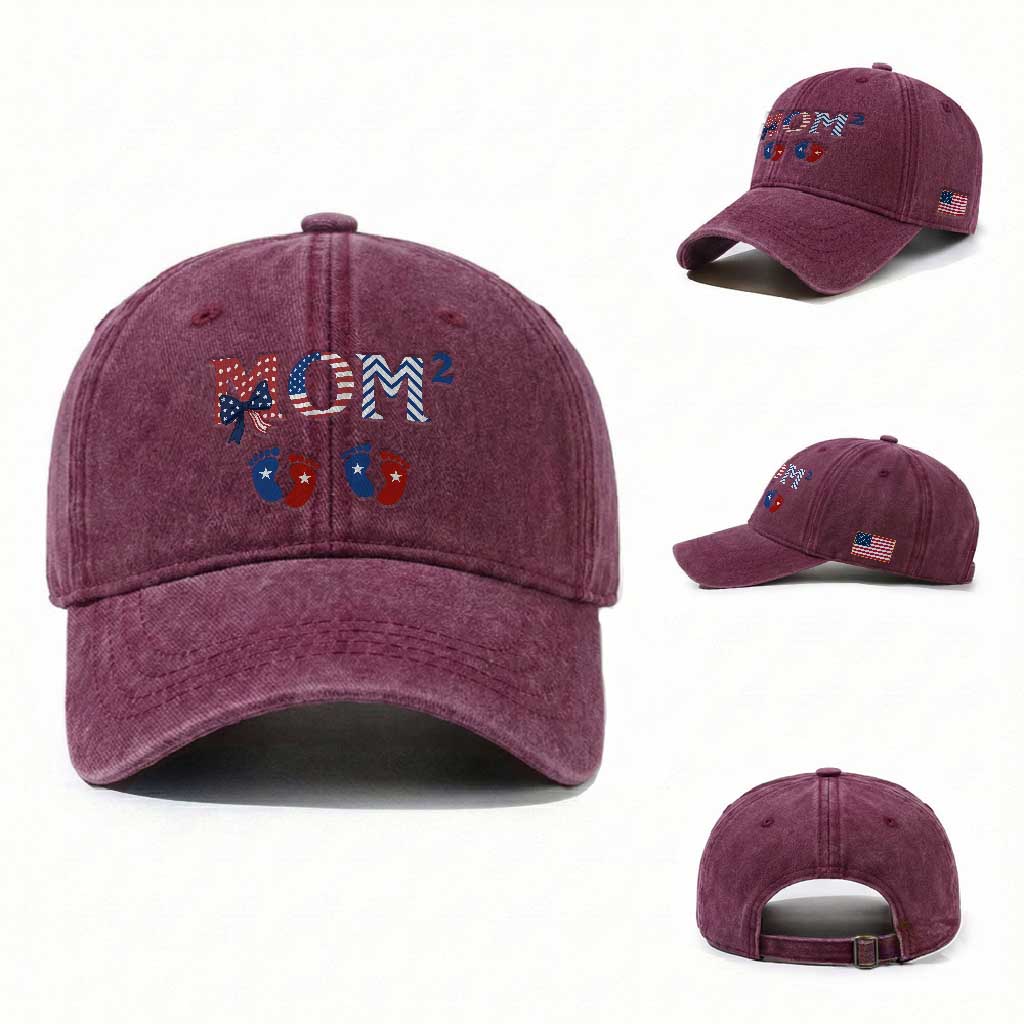 Patriotic Twin Mom Announcement American Flag Gift Washed Cotton Baseball Cap TS12 Washed Cap Universal Fit Burgundy Print Your Wear