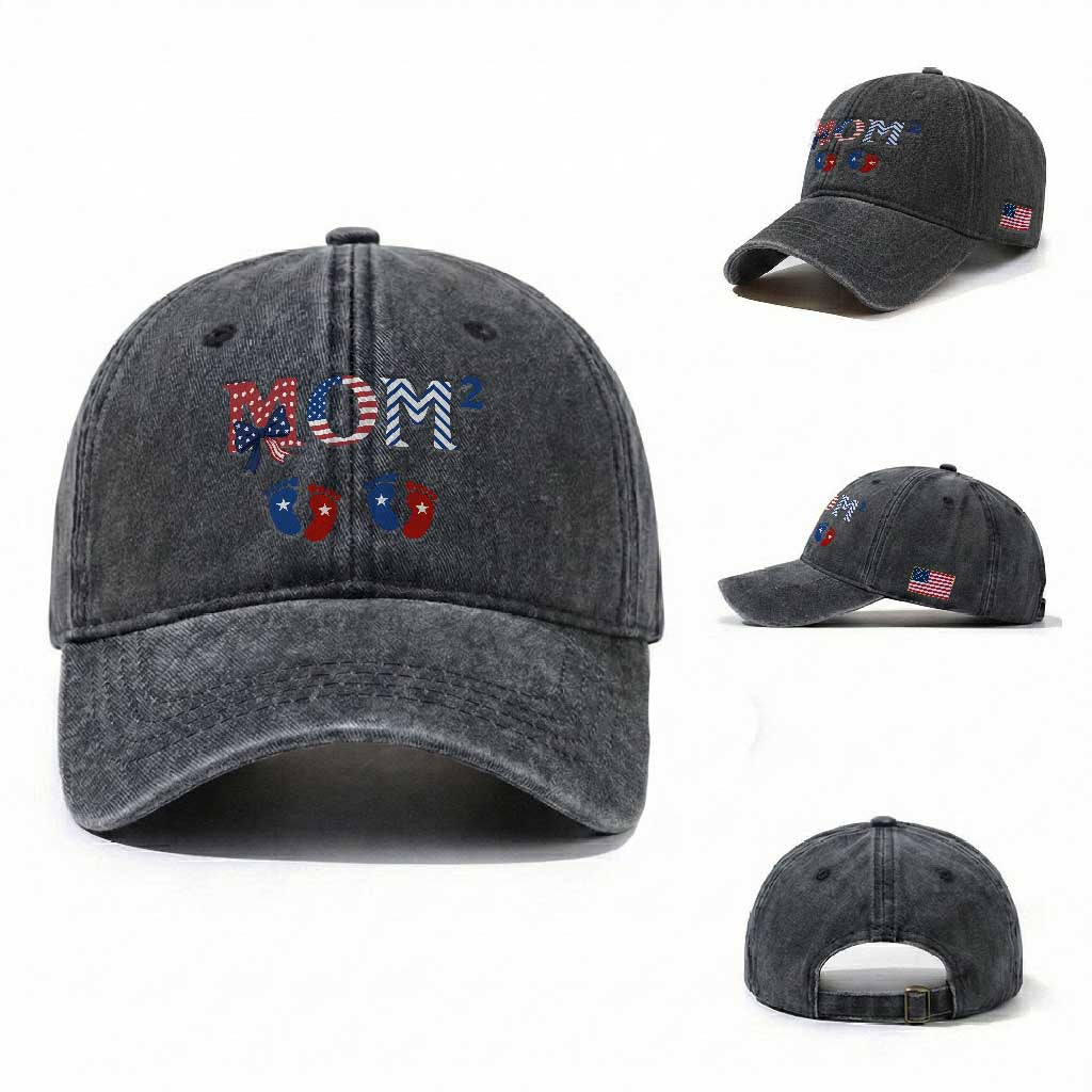 Patriotic Twin Mom Announcement American Flag Gift Washed Cotton Baseball Cap TS12 Washed Cap Universal Fit Dark Gray Print Your Wear