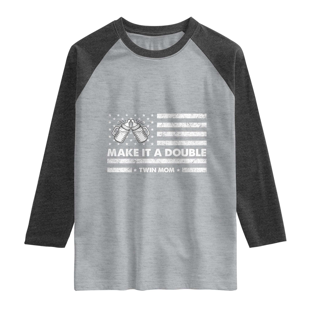 Twin Mom Raglan Shirt Make It A Double Patriotic USA Flag Gift TS12 Heather Gray Heather Charcoal Print Your Wear