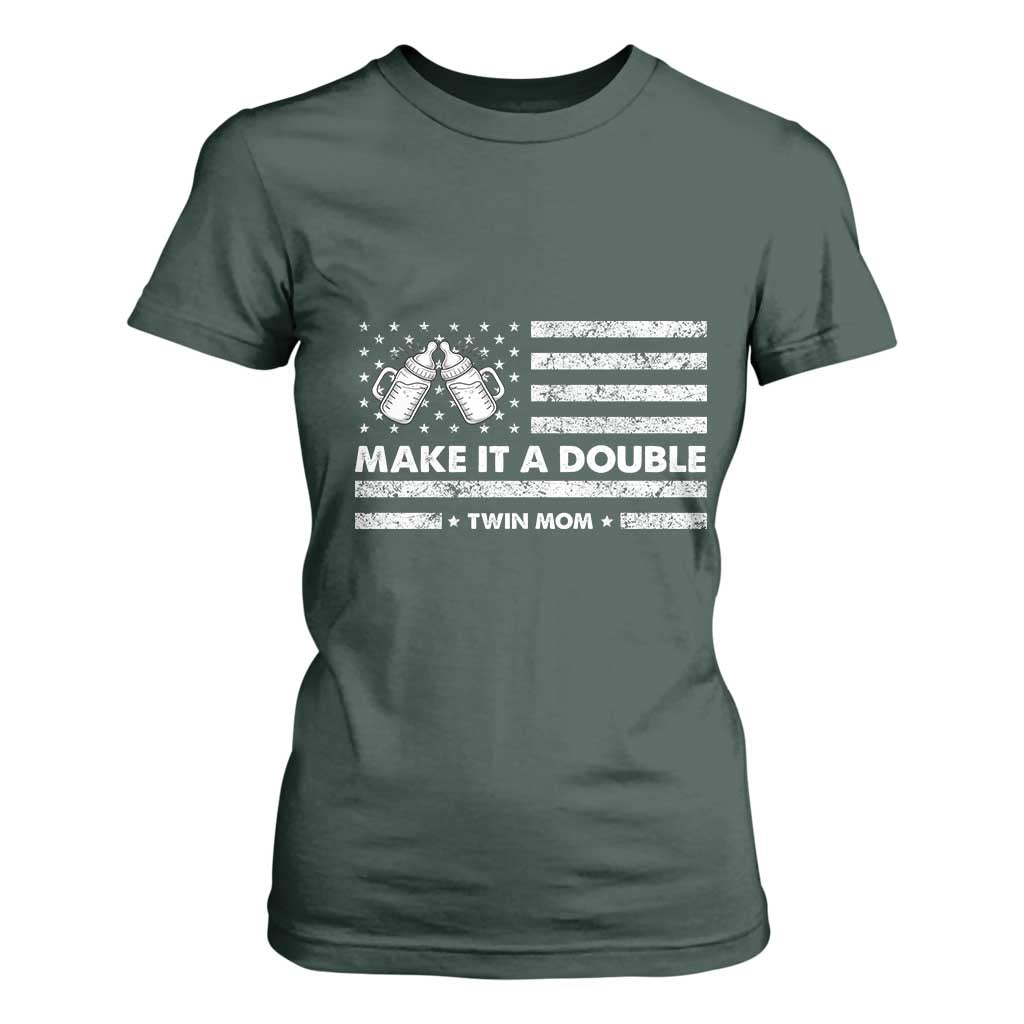 Twin Mom T Shirt For Women Make It A Double Patriotic USA Flag Gift TS12 Dark Forest Green Print Your Wear