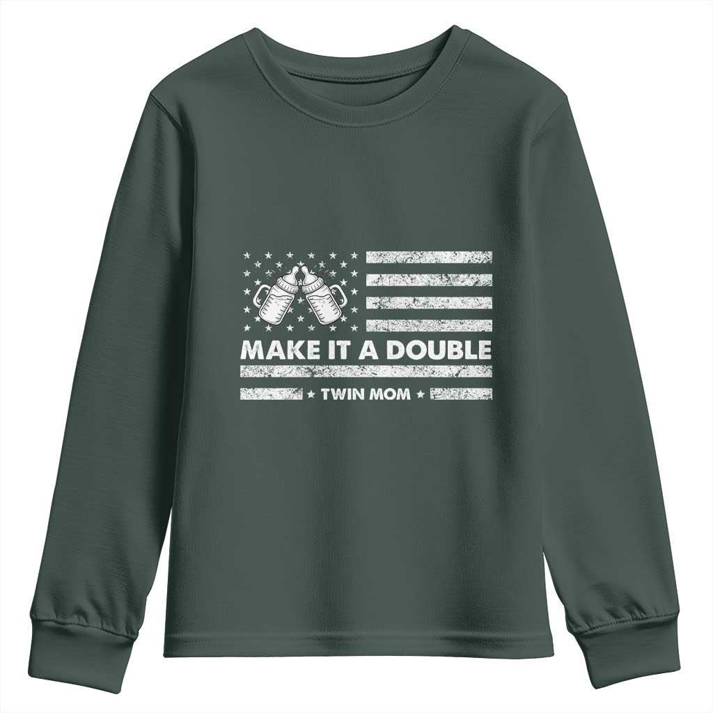 Twin Mom Youth Sweatshirt Make It A Double Patriotic USA Flag Gift TS12 Dark Forest Green Print Your Wear