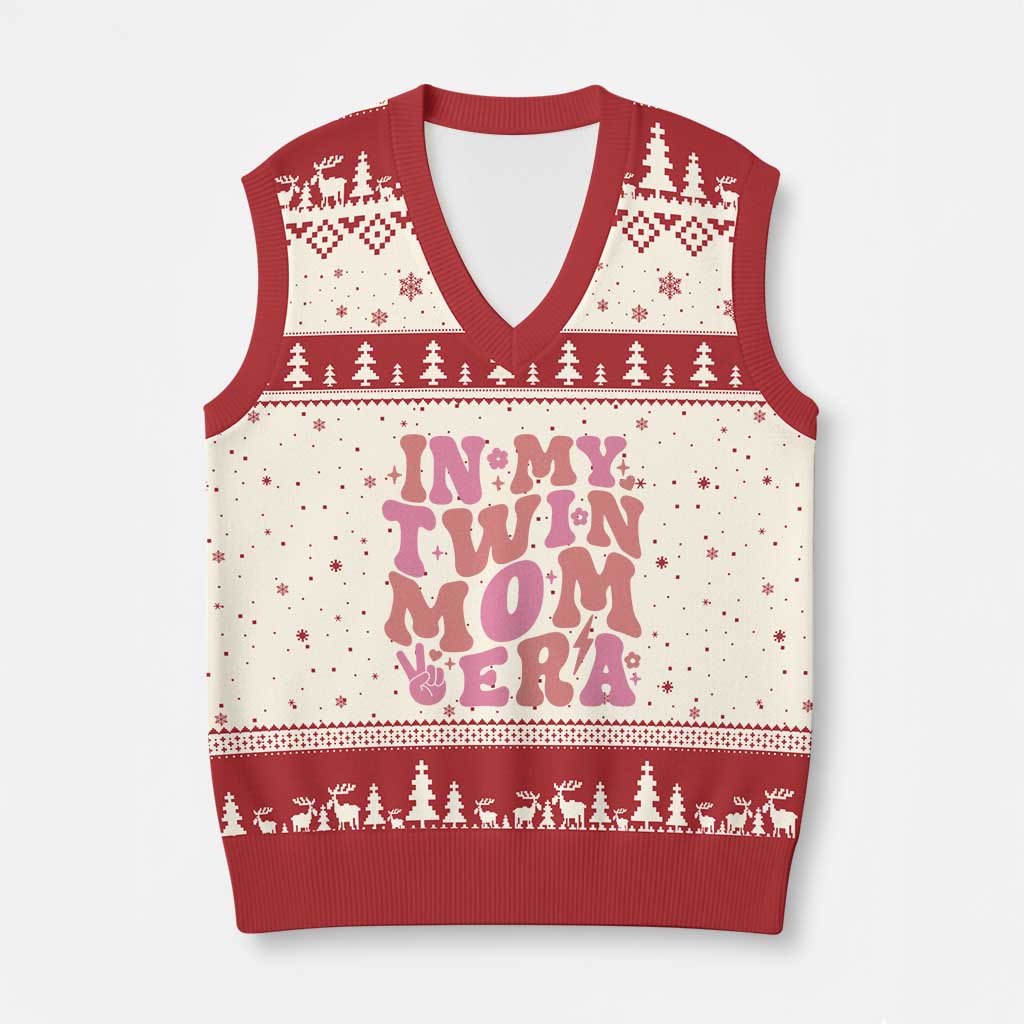 In My Twin Mom Era V-Neck Knit Sweater Vest Funny Mama Twin Pregnancy Announcement TS12 Beige Red Print Your Wear