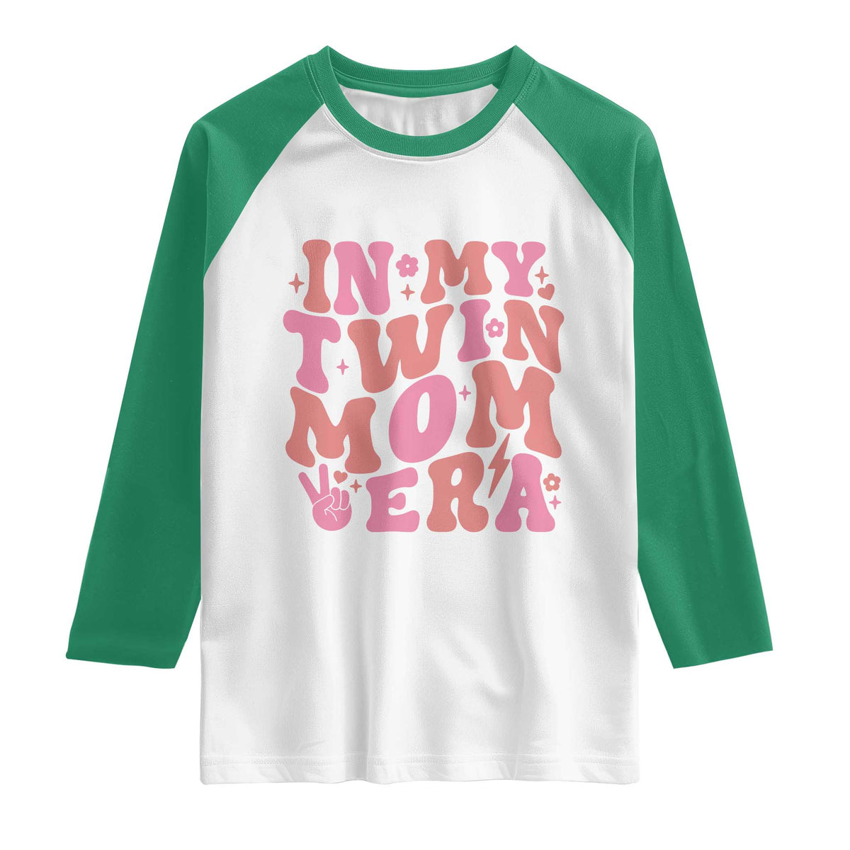 In My Twin Mom Era Raglan Shirt Funny Mama Twin Pregnancy Announcement TS12 White Kelly Green Print Your Wear