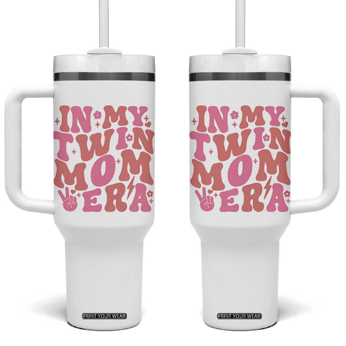 In My Twin Mom Era Tumbler With Handle Funny Mama Twin Pregnancy Announcement TS12 One Size: 40 oz White Print Your Wear