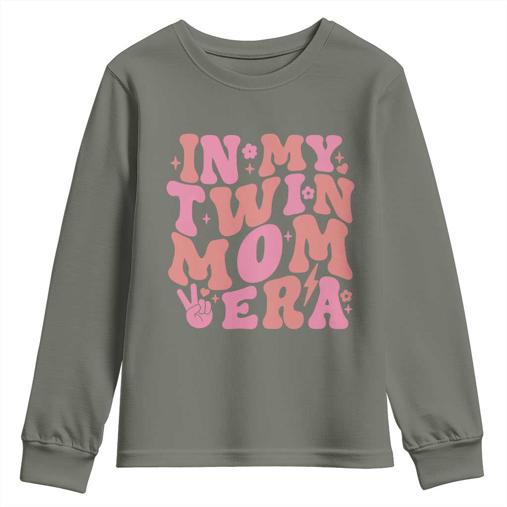 In My Twin Mom Era Youth Sweatshirt Funny Mama Twin Pregnancy Announcement TS12 Military Green Print Your Wear