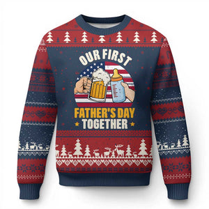 Patriotic Our First Fathers Day Together Ugly Christmas Sweater Gift For New Dad TS12 Navy Red Print Your Wear