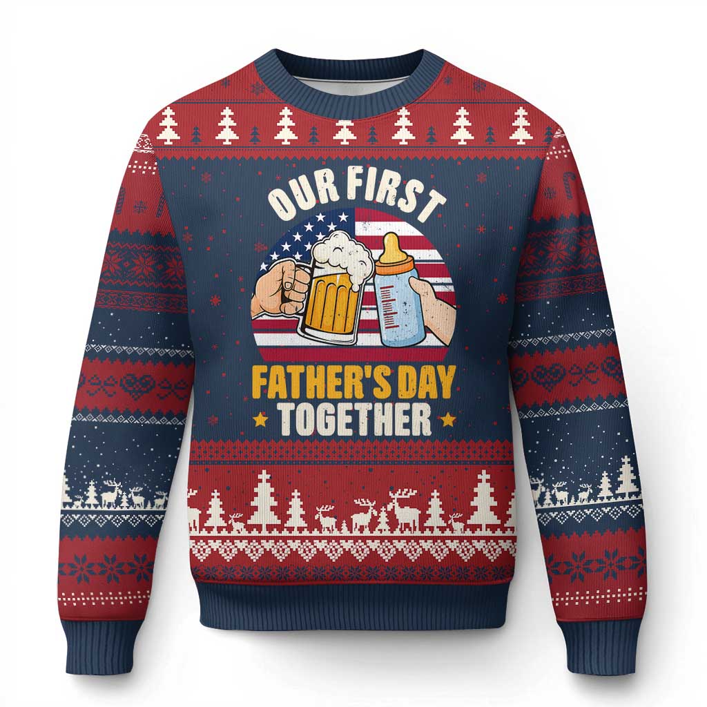 Patriotic Our First Fathers Day Together Ugly Christmas Sweater Gift For New Dad TS12 Navy Red Print Your Wear