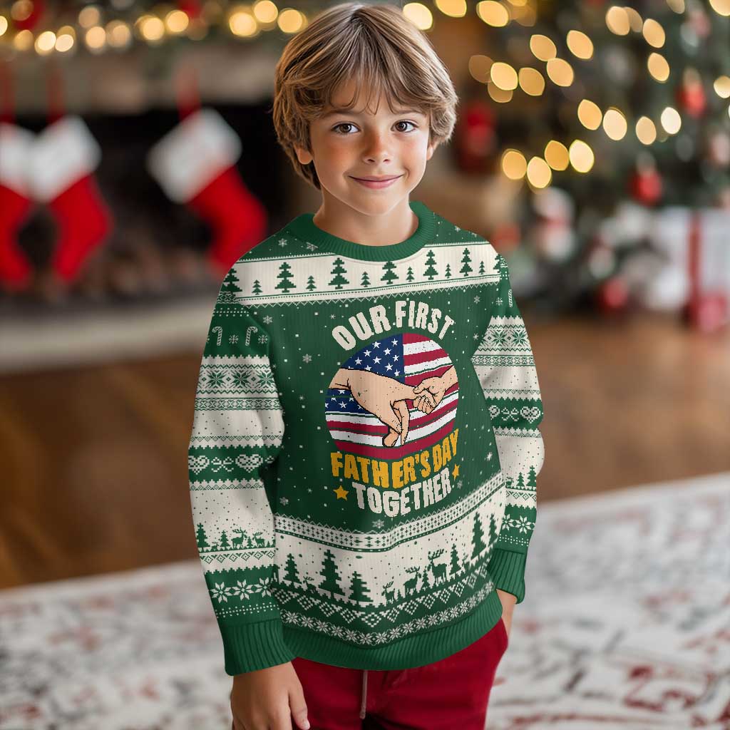Our First Fathers Day Together Ugly Christmas Sweater Patriotic New Dad Gift TS12 Forest Green Beige Print Your Wear