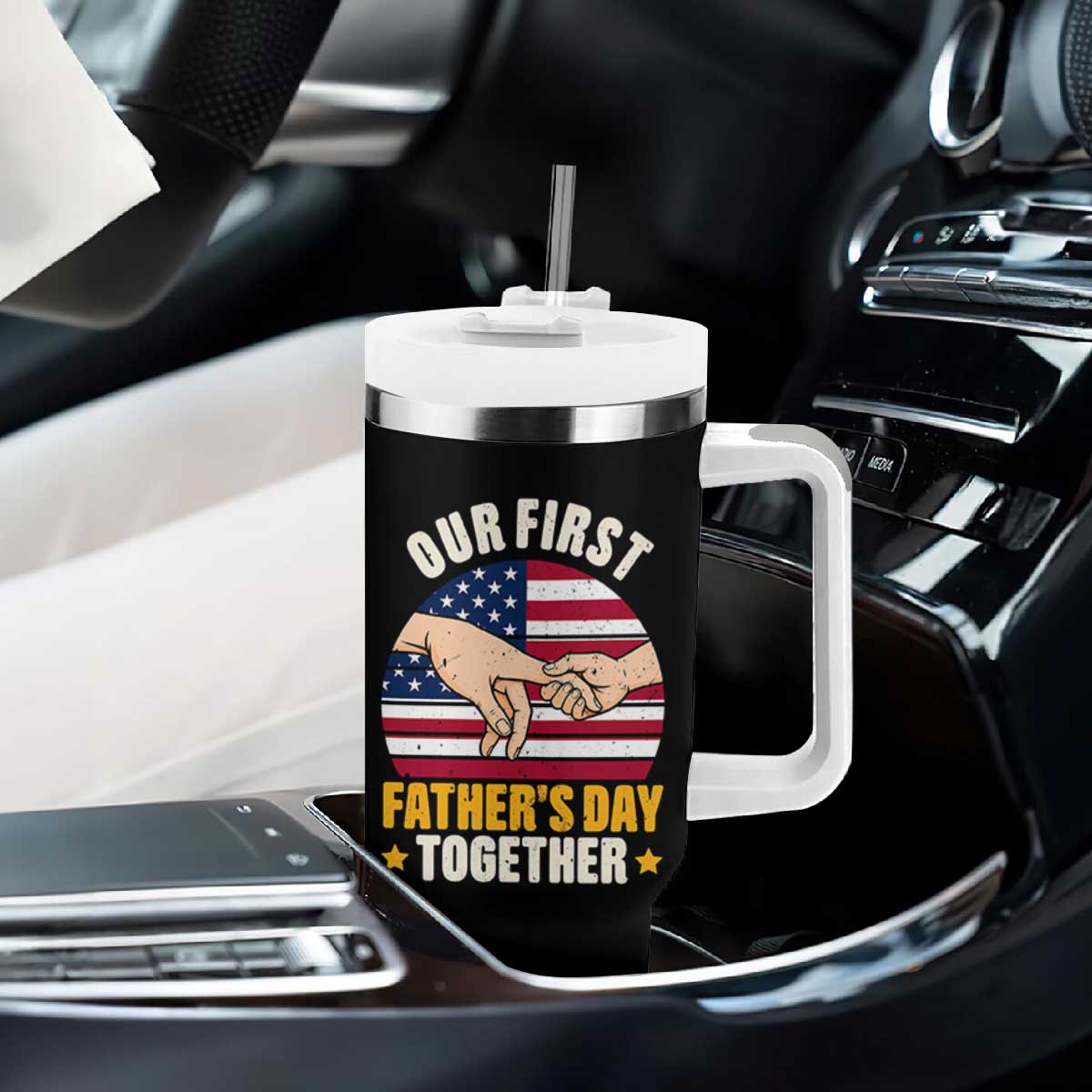 Our First Fathers Day Together Tumbler With Handle Patriotic New Dad Gift TS12 Print Your Wear