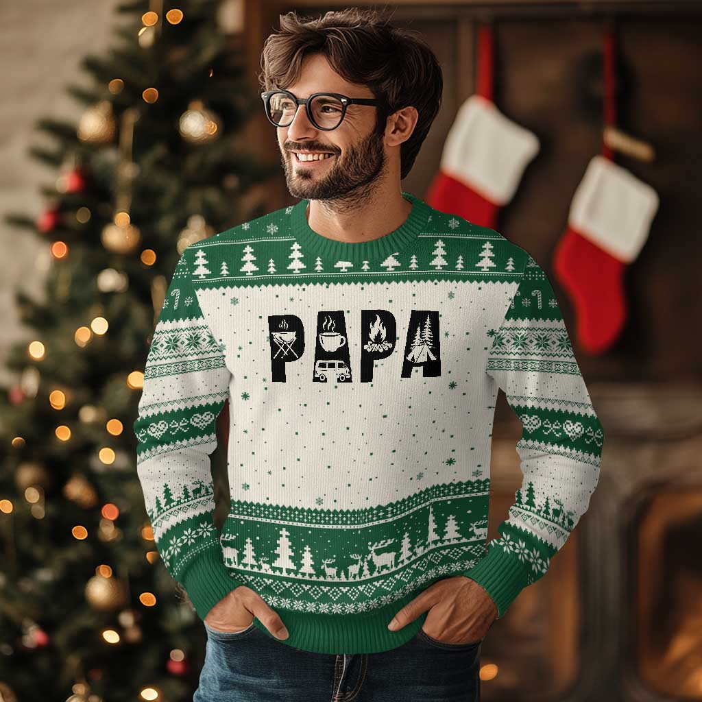 Camping Papa Ugly Christmas Sweater Camper Dad Fathers Day Gift TS12 Beige Green Print Your Wear
