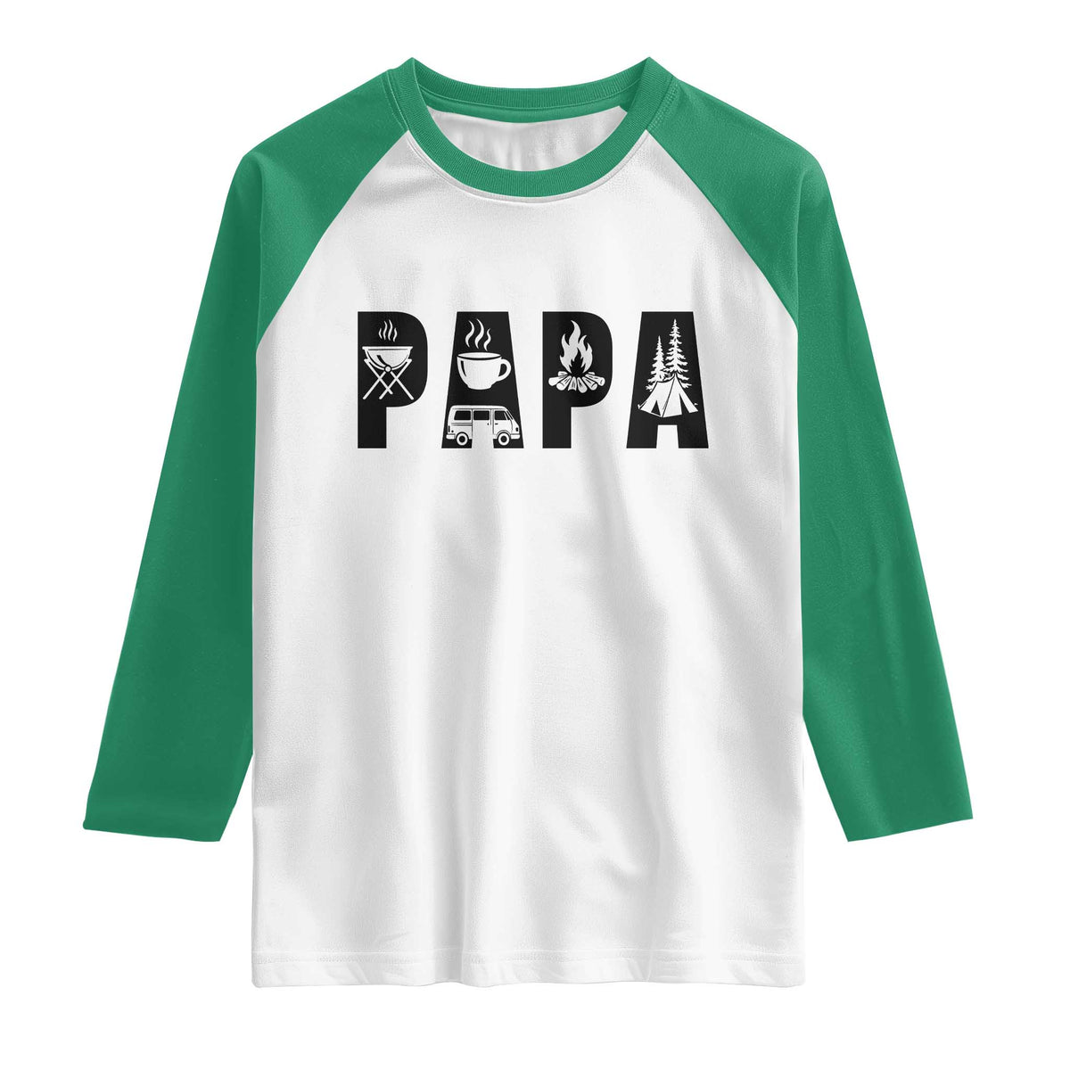 Camping Papa Raglan Shirt Camper Dad Fathers Day Gift TS12 White Kelly Green Print Your Wear