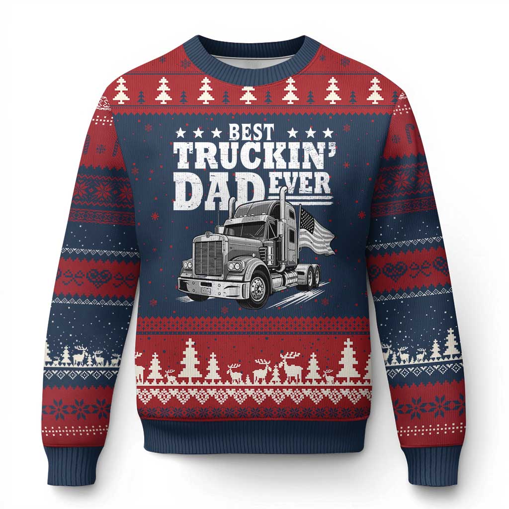 Best Truckin Dad Ever Ugly Christmas Sweater Trucker Papa Fathers Day Gift TS12 Navy Red Print Your Wear