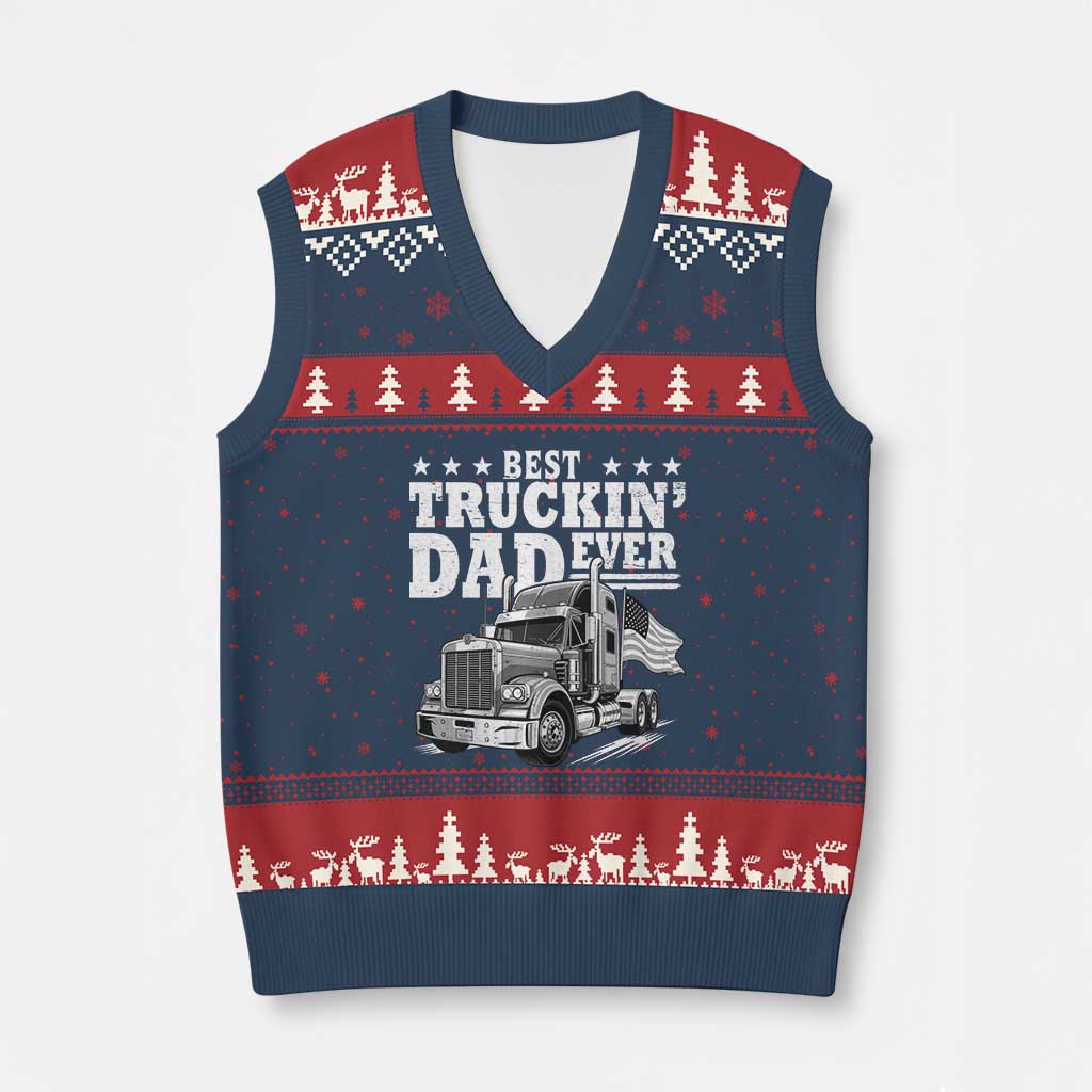 Best Truckin Dad Ever V-Neck Knit Sweater Vest Trucker Papa Fathers Day Gift TS12 Navy Red Print Your Wear