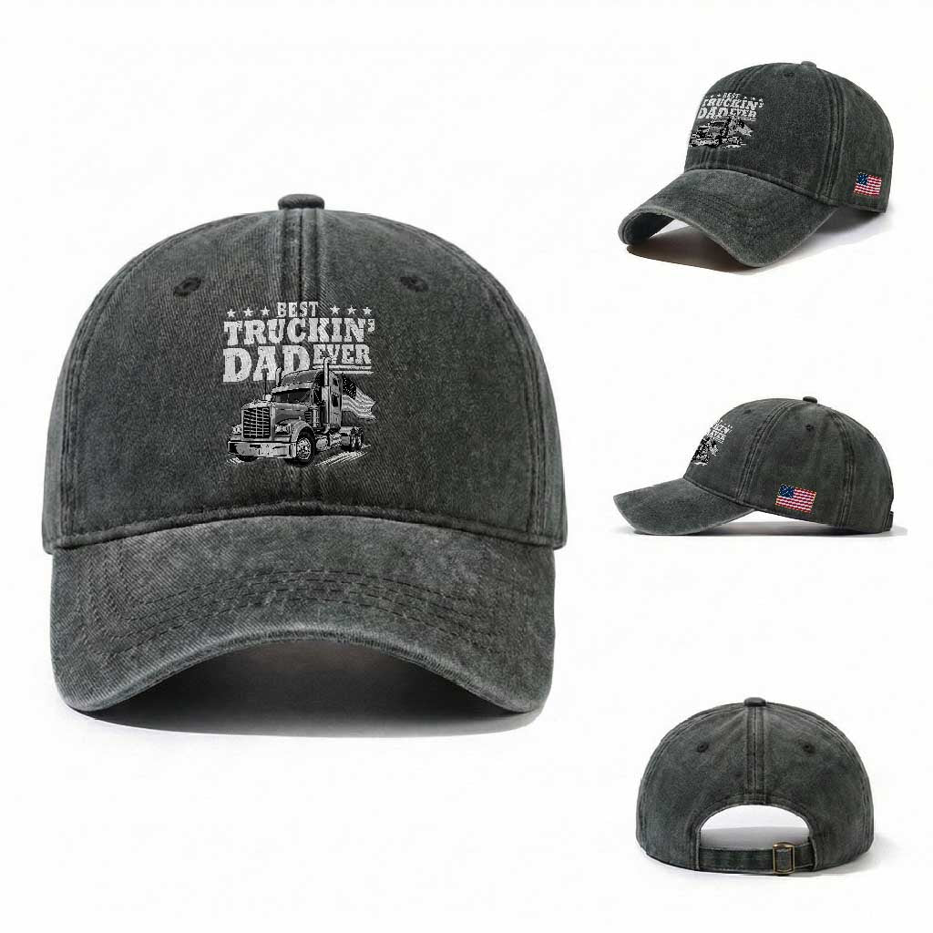 Best Truckin Dad Ever Washed Cotton Baseball Cap Trucker Papa Fathers Day Gift TS12 Washed Cap Universal Fit Dark Green Print Your Wear