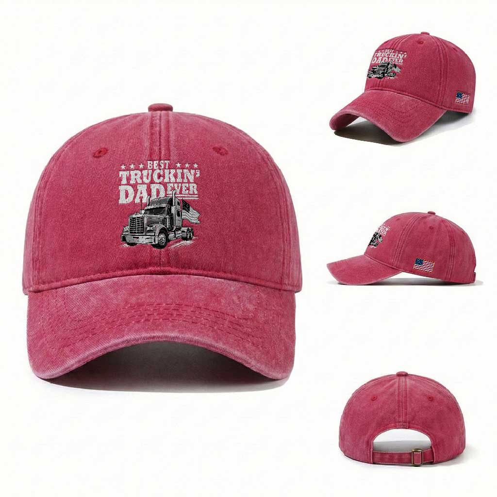 Best Truckin Dad Ever Washed Cotton Baseball Cap Trucker Papa Fathers Day Gift TS12 Washed Cap Universal Fit Red Print Your Wear