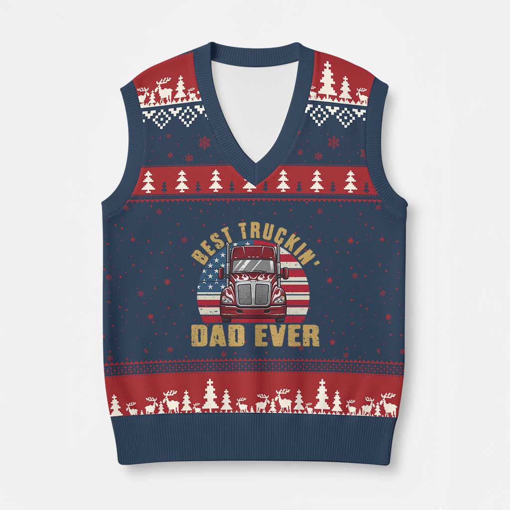 Best Truckin Dad Ever V-Neck Knit Sweater Vest Funny Driver Fathers Day Gift TS12 Navy Red Print Your Wear