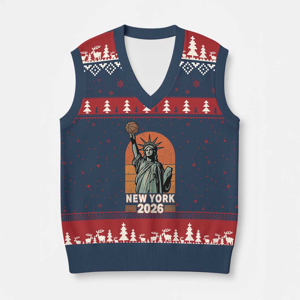 Vintage Statue Of Liberty Basketball V-Neck Knit Sweater Vest New York Sports Lover