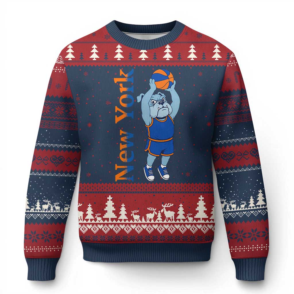 Funny Bulldog Playing Basketball Ugly Christmas Sweater New York Pride TS12 Navy Red Print Your Wear