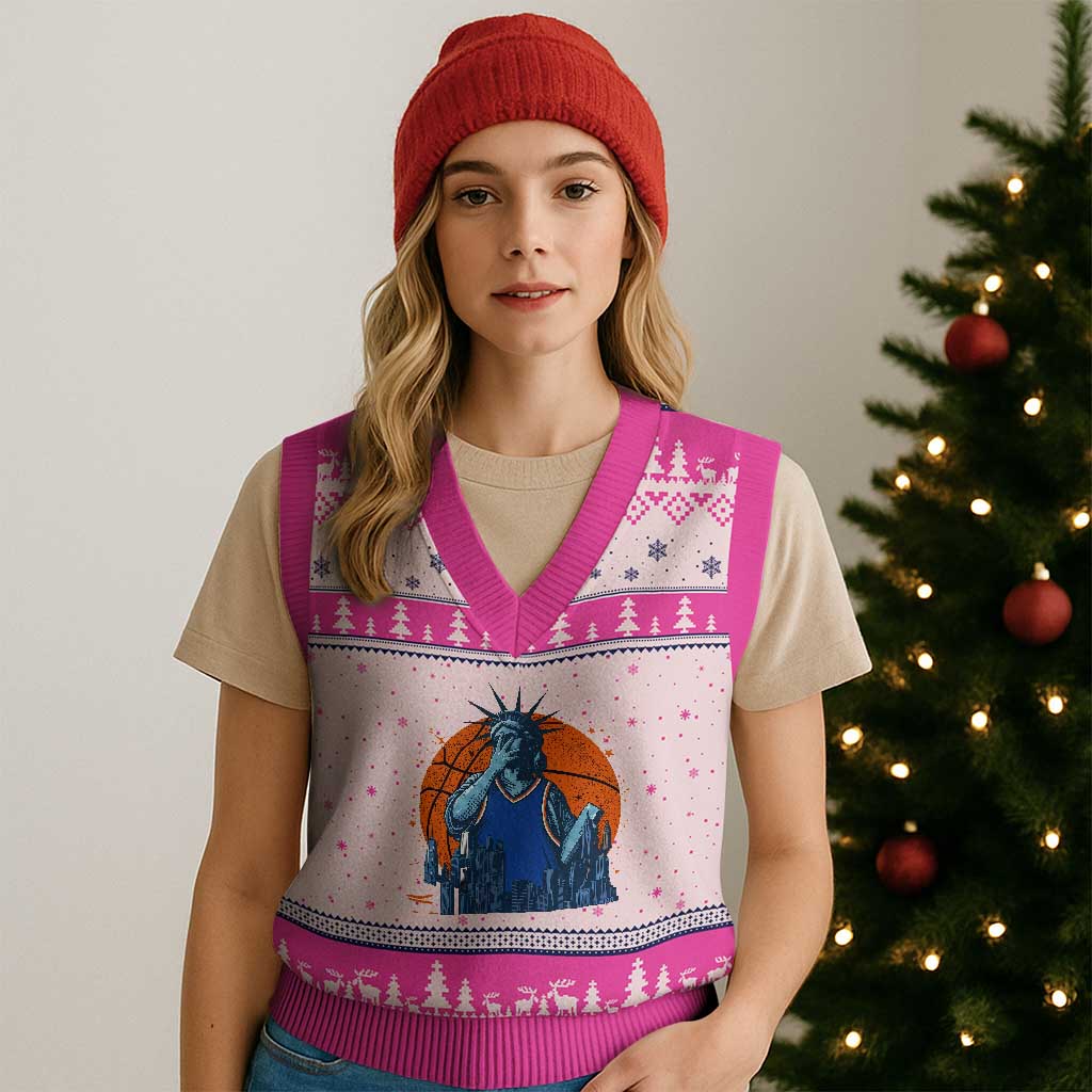 Funny Statue Of Liberty Hoops Fan V-Neck Knit Sweater Vest New York Sports Gift