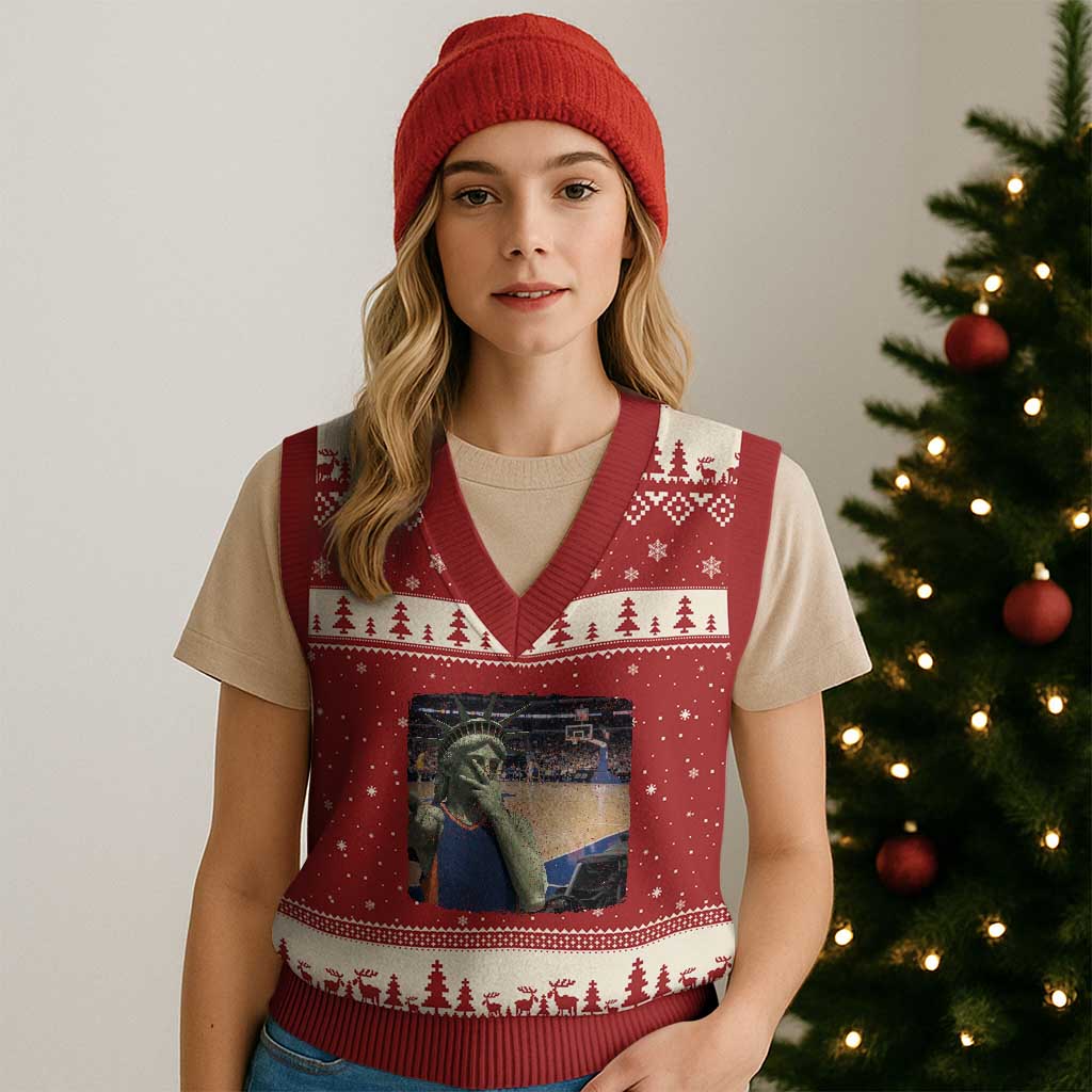 Funny Statue Of Liberty Basketball Selfie Graphic V-Neck Knit Sweater Vest