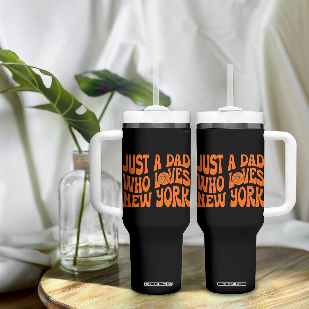 Just A Dad Who Loves New York Tumbler With Handle Funny Basketball Fan Gift