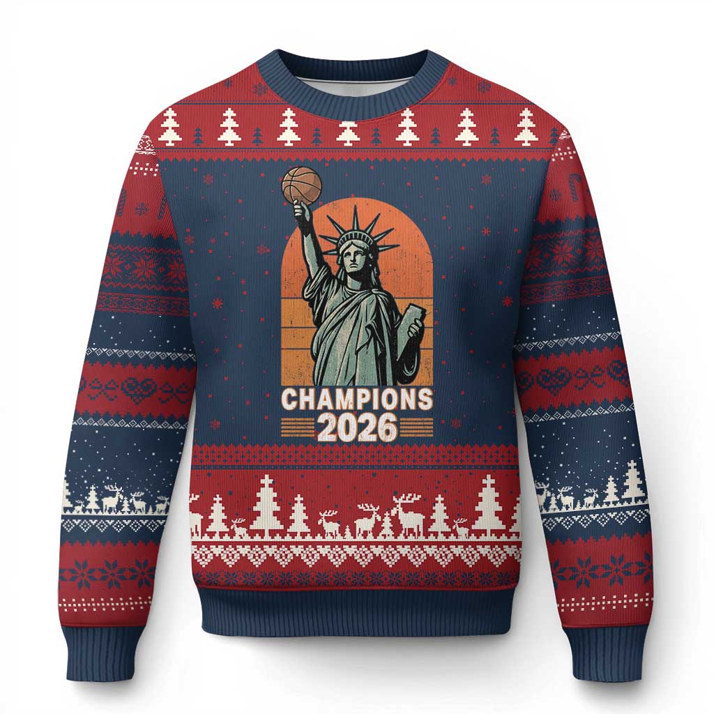 Vintage Statue Of Liberty Basketball Ugly Christmas Sweater Champions 2026 New York Fan Gift TS12 Navy Red Print Your Wear