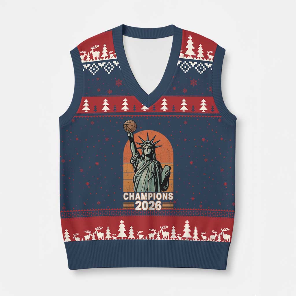 Vintage Statue Of Liberty Basketball V-Neck Knit Sweater Vest Champions 2026 New York Fan Gift
